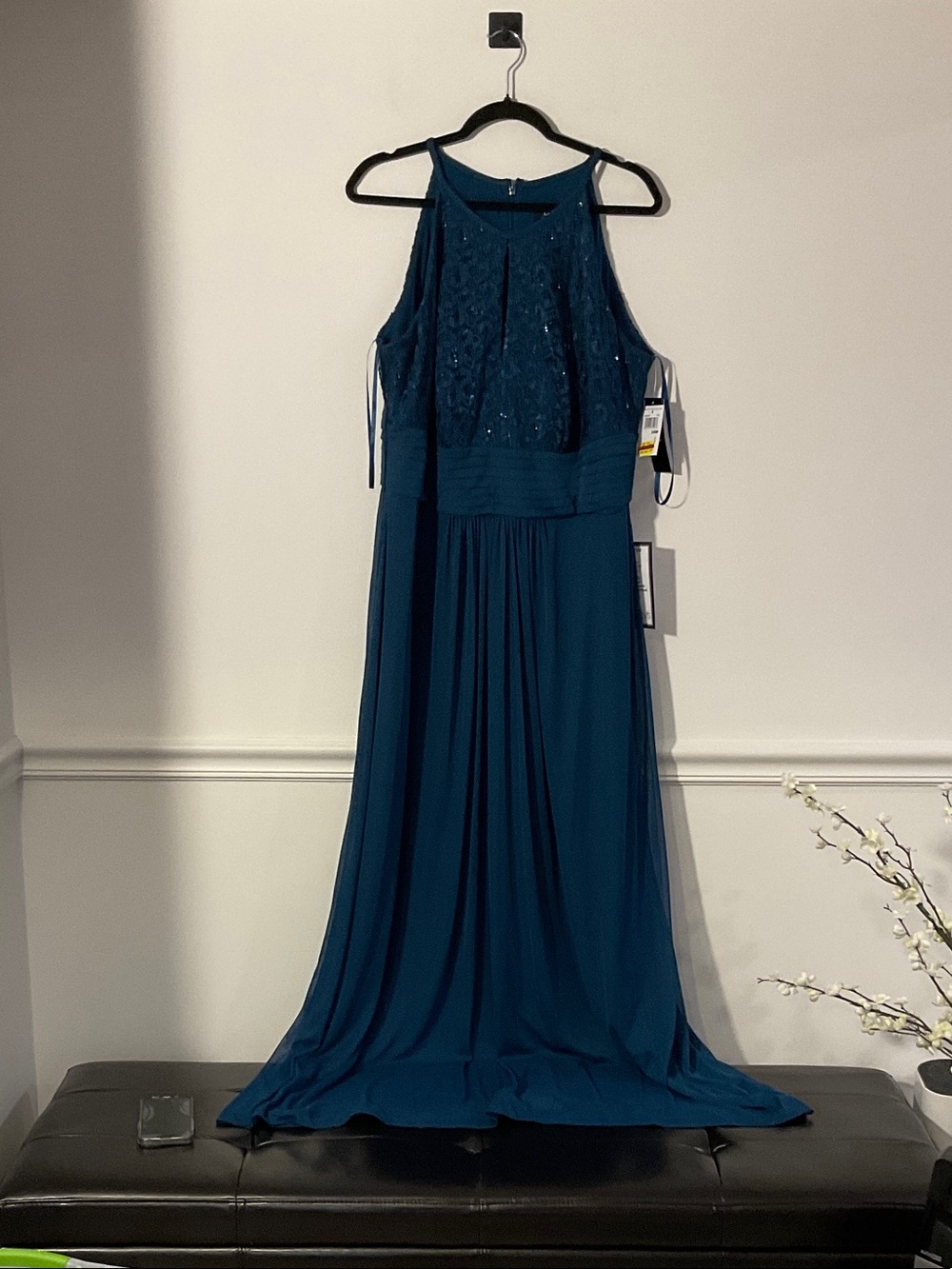 Betsy & Adam Teal Maxi Dress with Beaded Bodice